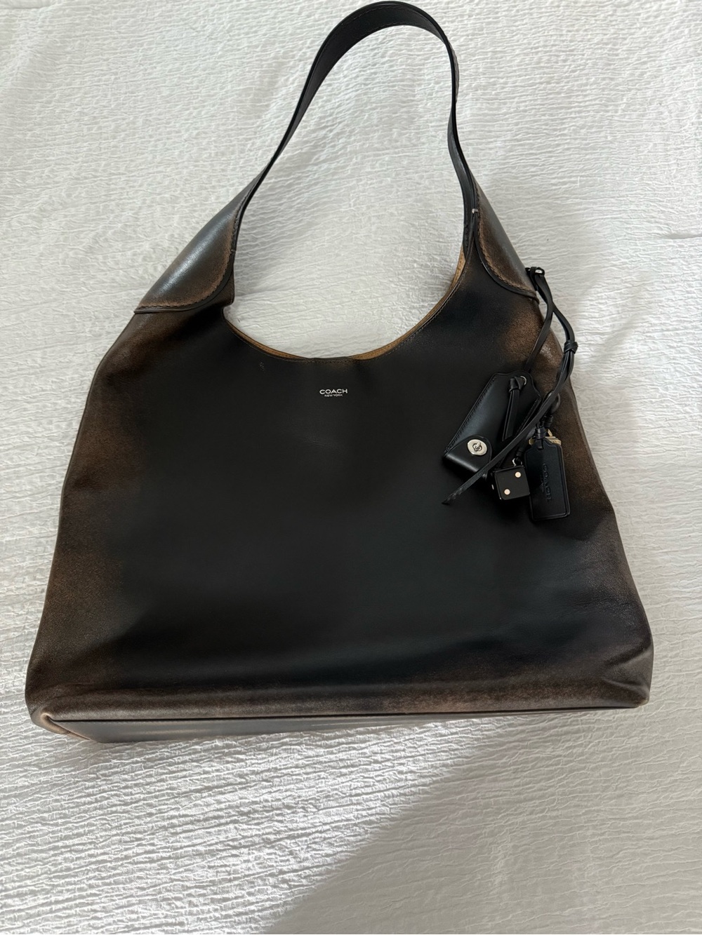 Coach Black Leather Shoulder Hobo Bag with Charm Details